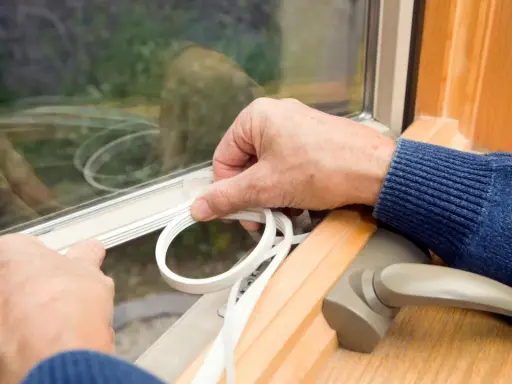 Hände legen Dichtungsband an, um das Fenster einzustellen und Zugluft zu vermeiden.