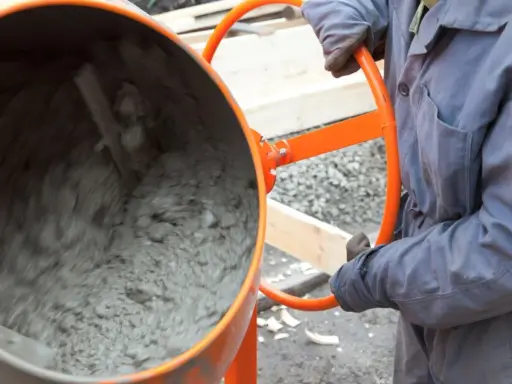 Person in Arbeitskleidung bedient eine Betonmischmaschine, um Beton zu mischen.