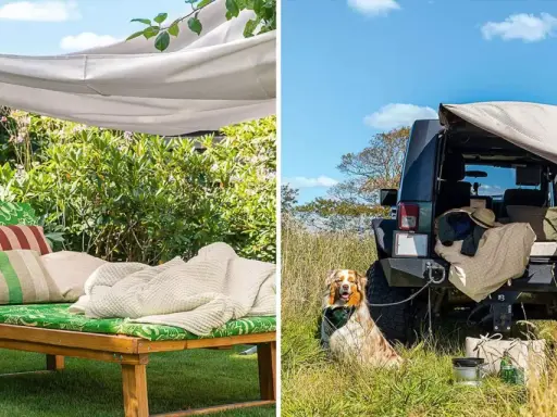 Gemütliche Liege unter einem DIY-Sonnensegel im Garten und ein Geländewagen mit Sonnensegel als Schutz für ein Picknick im Freien.