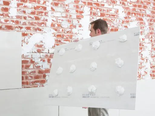 Mann hält Gipskartonplatten mit Klebepunkten, um sie auf unebener Wand zu befestigen.