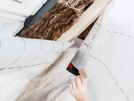 Eine Hand schneidet mit einem Cutter eine Dampfsperre Wand. Dahinter sind Holzsparren und Dämmwolle zu sehen.