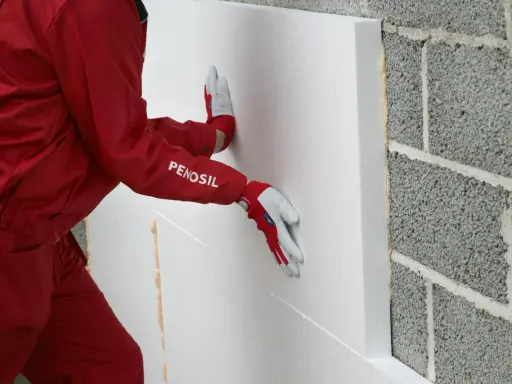 Hand mit Handschuh drückt WDVS Schaum an eine Betonwand.
