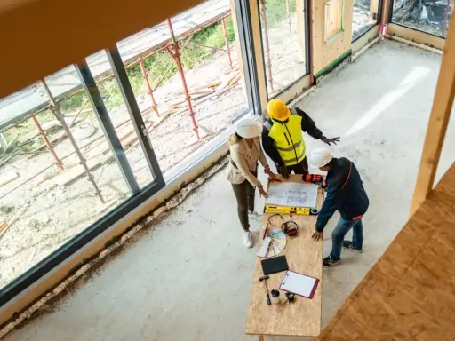 Bauarbeiter und Architektin besprechen Pläne für den Ausbauhaus Kosten. Sie stehen an einem Tisch mit Werkzeugen und Farbpaletten.