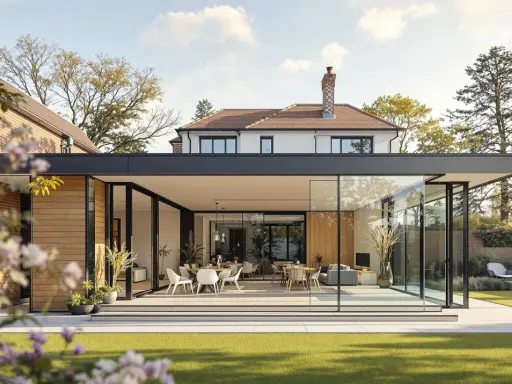 Ein modernes Haus mit Glasfronten und Holzakzenten, das auf eine gepflegte Rasenfläche blickt. Innen sind Ess- und Wohnbereiche zu sehen.