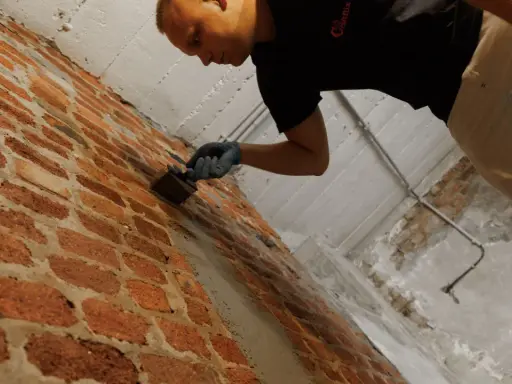 Mann mit Handschuhen trägt eine Masse auf eine Ziegelwand auf, um Anschlussfugen abzudichten.