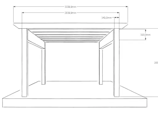 Technische Zeichnung einer carport konstruktion mit Maßen. Vier Pfosten tragen ein Dach mit Sparren.