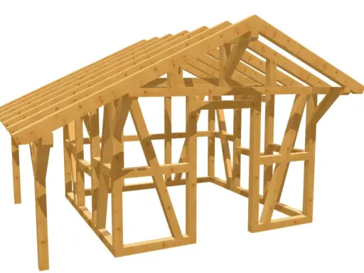 Holzkonstruktion eines Gartenhauses im Fachwerkstil. Ein kostenloser Gartenhaus Bauplan, der die Ständer, Balken und Dachsparren zeigt.