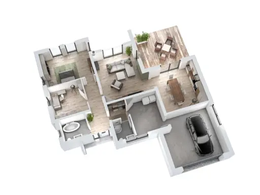 Architektur Grundriss einer modernen Wohnung mit Schlafzimmer, Wohnbereich, Küche, Bad und Garage.