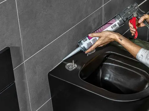 Person erneuert silikonfugen am schwarzen Bidet mit einer Kartuschenpistole.