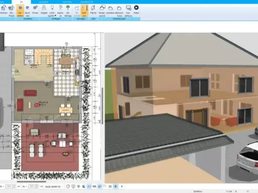 Grundriss und 3D-Ansicht eines modernen **Atrium Hauses** mit zwei Autos davor.