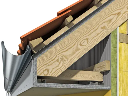 Detailansicht einer Dachkonstruktion mit fermacell Unterkonstruktion aus Holz. Dachziegel, Holzbalken und Dämmung sind sichtbar.
