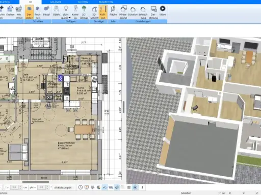 Grundriss und 3D-Ansicht eines modernen Fertighauses auf einem schmales Grundstück.