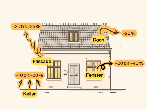 Veranschaulicht Energieverluste am Haus: Fassade (WDVS), Dach, Fenster, Keller. Pfeile zeigen prozentuale Einsparungen bei Dämmung.