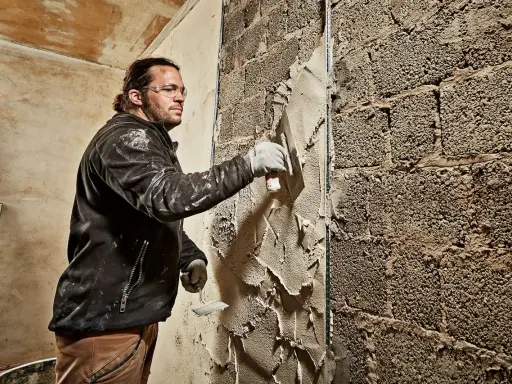 Mann verputzt eine grobe Ziegelwand mit einer Kelle. Der Putz wird gleichmäßig aufgetragen, um die Oberfläche zu glätten.
