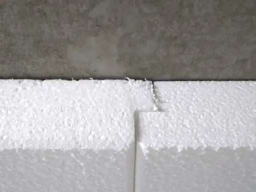 Styroporplatten werden zugeschnitten, um ein Kellerfenster zu isolieren. Die weißen Platten sind aneinandergefügt und grenzen an eine graue Betonfläche.
