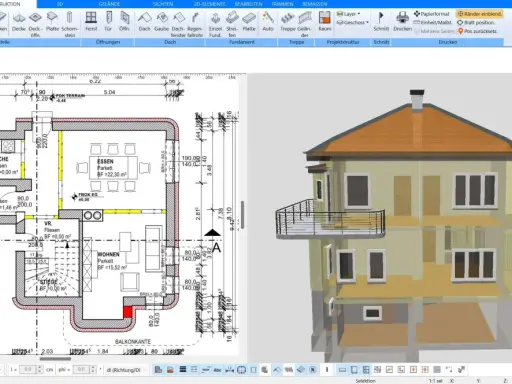 Ein Haus mit 3 Stockwerken, wie hoch es ist, wird hier in einer 3D-Ansicht und einem Grundriss gezeigt.