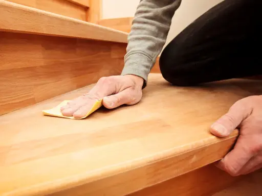 Mann schleift mit Sandpapier eine Holztreppe, um sie zu renovieren.