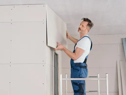 Handwerker montiert Kalziumsilikatplatten an der Decke. Mögliche Nachteile: Staubentwicklung und Bruchgefahr bei unsachgemäßer Handhabung.