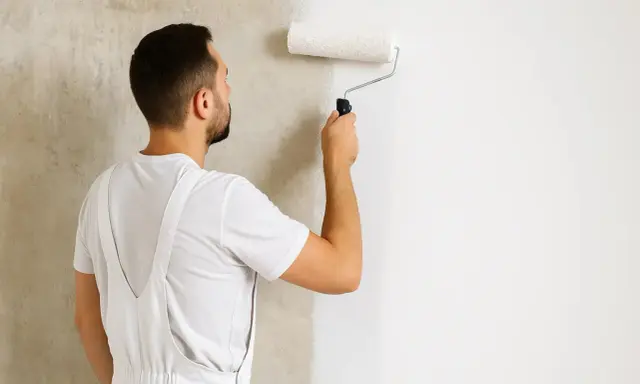 Mann trägt mit einer Malerrolle Rollputz auf eine Wand auf. Die Wand ist halb fertig, die linke Seite ist noch rau, die rechte Seite ist glatt und weiß.