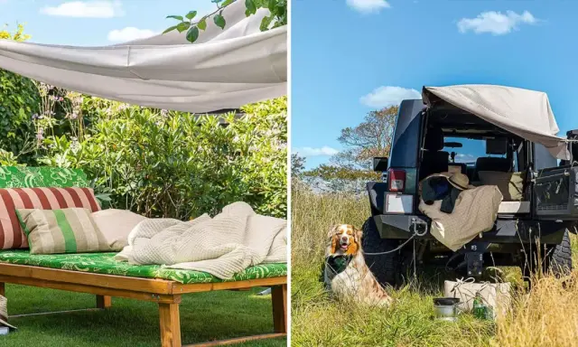 Gemütliche Liege unter einem DIY-Sonnensegel im Garten und ein Geländewagen mit Sonnensegel als Schutz für ein Picknick im Freien.
