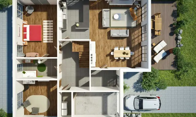 Moderne hausbau ideen: Grundriss mit Schlafzimmer, Bad, Küche, Wohnbereich, Esszimmer, Terrasse und Garage.