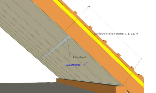 Detailansicht einer Dachkonstruktion: Die **Dampfbremse** wird von der Innenseite angebracht, mit Klebeband abgedichtet.