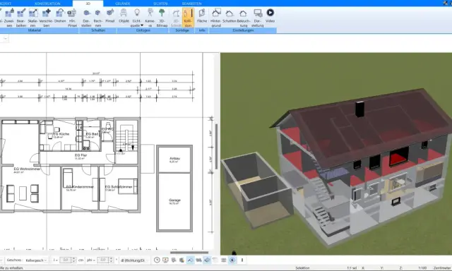 3D-Modell eines Hauses mit Grundriss. Ein Anbau und eine Garage sind sichtbar. Der 3m grenzabstand nicht eingehalten.