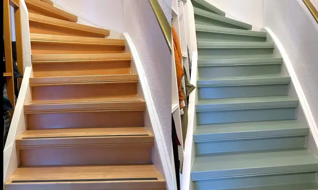 Vorher-Nachher-Vergleich: Holztreppe wird frisch grün lackiert. Die Stufen sind nun einheitlich und modern.