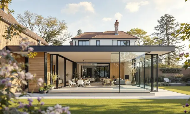 Ein modernes Haus mit Glasfronten und Holzakzenten, das auf eine gepflegte Rasenfläche blickt. Innen sind Ess- und Wohnbereiche zu sehen.