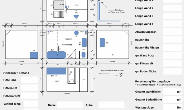 Grundriss mit Maßen, der den estrich aufbau und die Berechnung von Wand- und Bodenflächen zeigt.