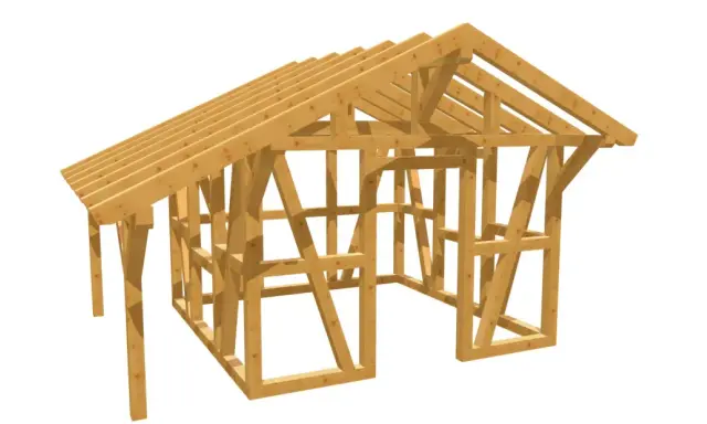 Holzkonstruktion eines Gartenhauses im Fachwerkstil. Ein kostenloser Gartenhaus Bauplan, der die Ständer, Balken und Dachsparren zeigt.