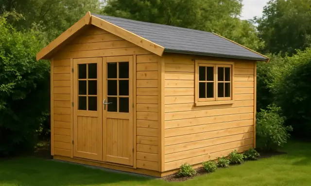 Ein neues Gartenhaus mit Holzdach und Fenster. Die Verkleidung des Gartenhauses ist aus hellem Holz.