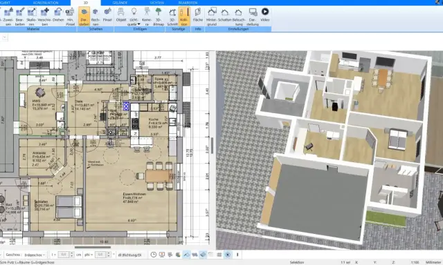 Grundriss und 3D-Ansicht eines modernen Fertighauses auf einem schmales Grundstück.