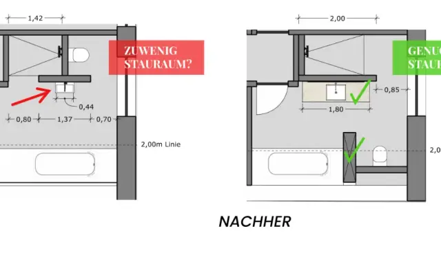 Grundriss-Vergleich: Vorher wenig Stauraum, nachher genug. So kann man eine Treppe planen und den Platz optimal nutzen.