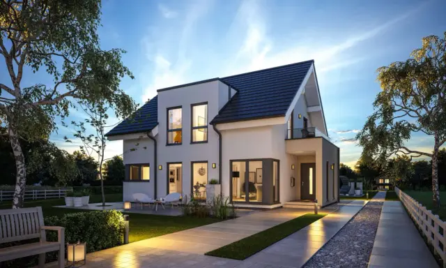 Modernes Einfamilienhaus mit Garten und Terrasse. Viele positive schwabenhaus erfahrungen sprechen für dieses Design.