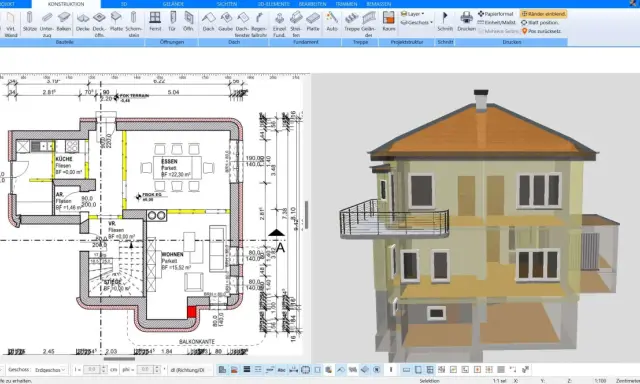 Ein Haus mit 3 Stockwerken, wie hoch es ist, wird hier in einer 3D-Ansicht und einem Grundriss gezeigt.
