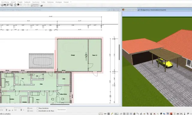 Bauplan eines Bungalows mit Garage und Carport. Die grenzbebauung garage ist im Plan detailliert.