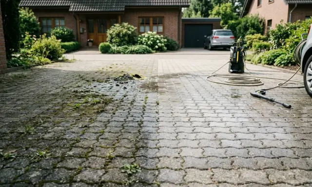 Hochdruckreiniger entfernt Moos und Unkraut von gepflasterter Einfahrt.