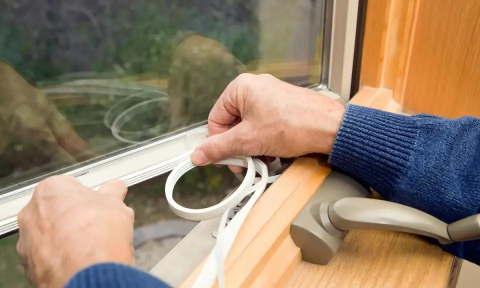 Hände legen Dichtungsband an, um das Fenster einzustellen und Zugluft zu vermeiden.