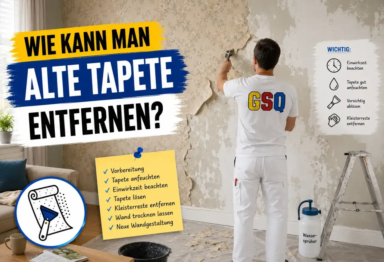 Mann entfernt alte Tapete mit einem Spachtel. Anleitung zeigt Schritte wie Anfeuchten und Ablösen.