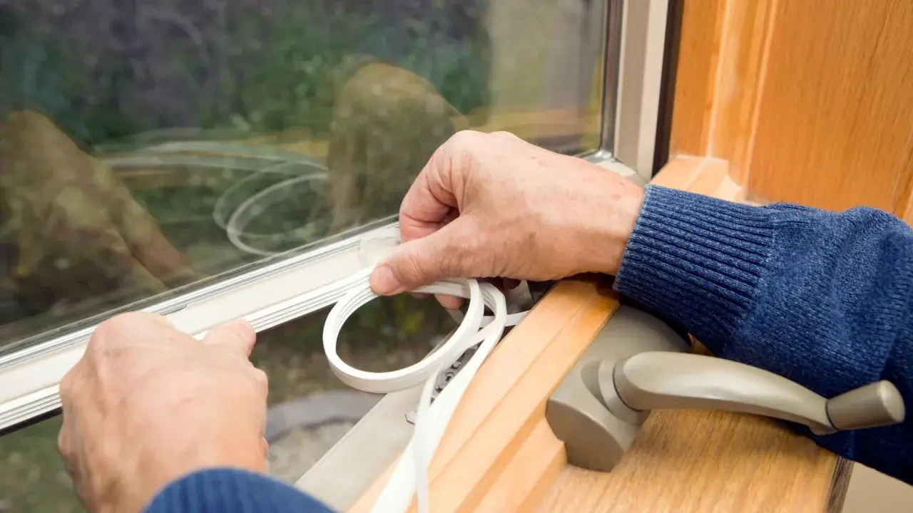 Hände legen Dichtungsband an, um das Fenster einzustellen und Zugluft zu vermeiden.