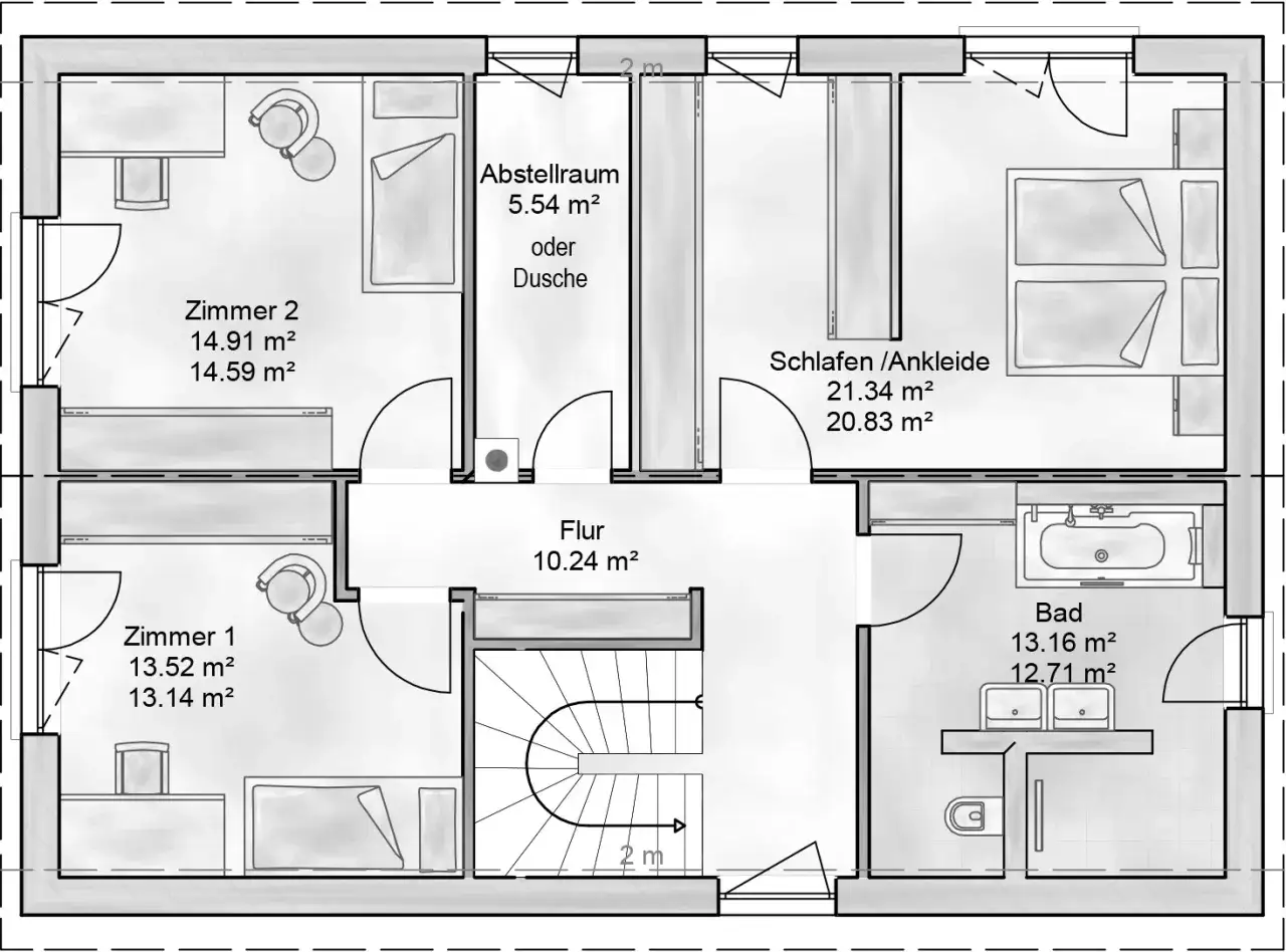 Grundriss einer Stadtvilla mit Satteldach. Zeigt Zimmer, Flur, Bad, Abstellraum und Schlafen/Ankleide.