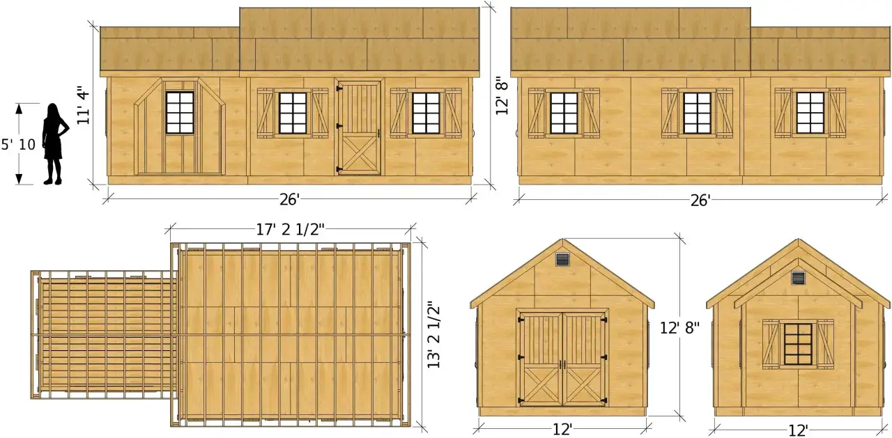 Bauplan f&uuml;r ein Gartenhaus mit Ma&szlig;en und Ansichten. Ein kostenloser Gartenhaus Bauplan, der den Aufbau erleichtert.