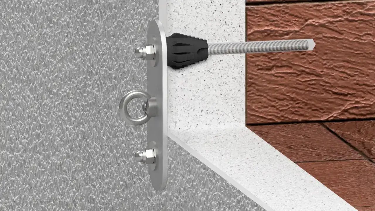 Detailansicht: So k&ouml;nnen Sie ein Sonnensegel an Hauswand befestigen. Eine stabile &Ouml;se ist sicher verankert.