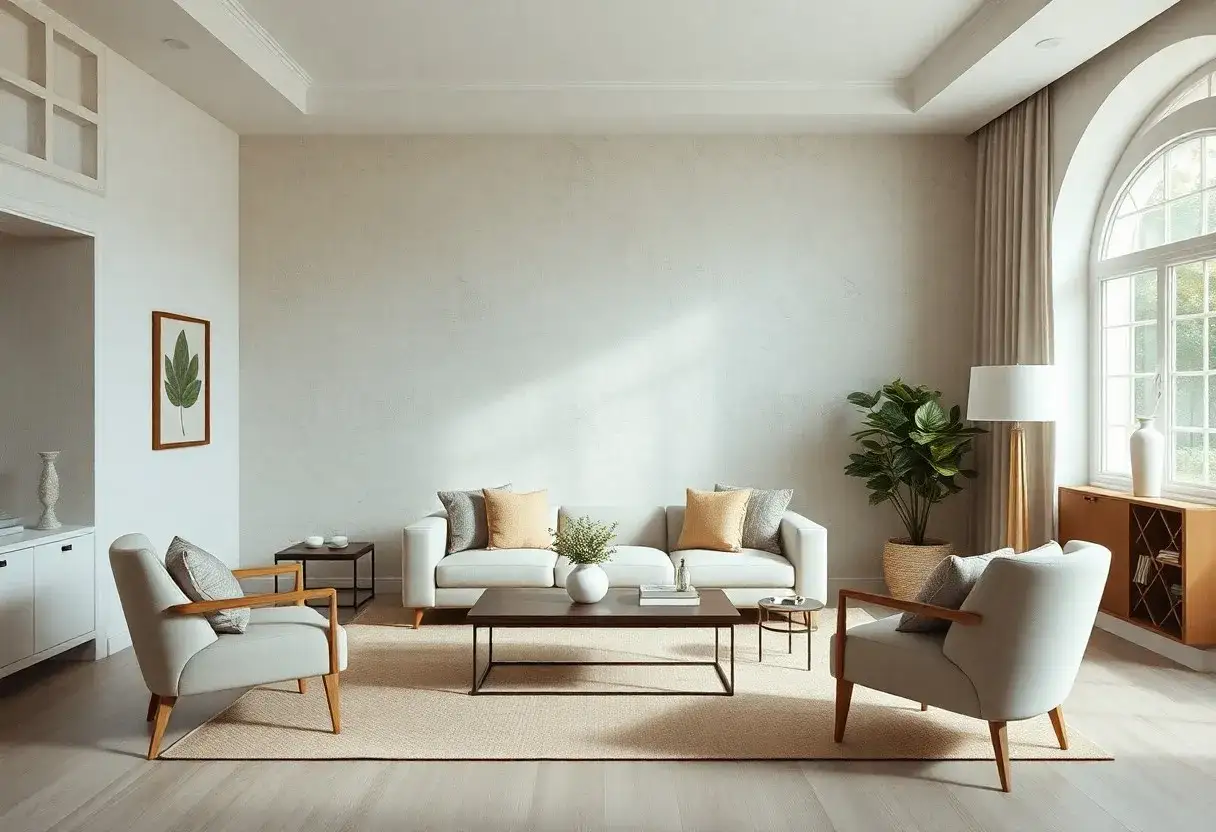 Ein helles Wohnzimmer mit einem modernen Putz innen an der Wand. Ein weißes Sofa, zwei Sessel und ein Couchtisch laden zum Entspannen ein.