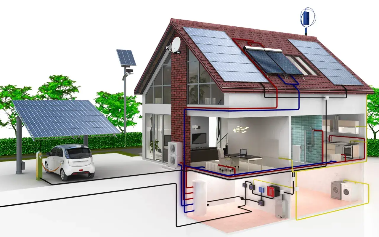 Ein Haus mit Solaranlagen, E-Auto-Ladestation und Heizsystem. Dies zeigt die Bedeutung von erneuerbaren Energien für ein nachhaltiges Zuhause.
