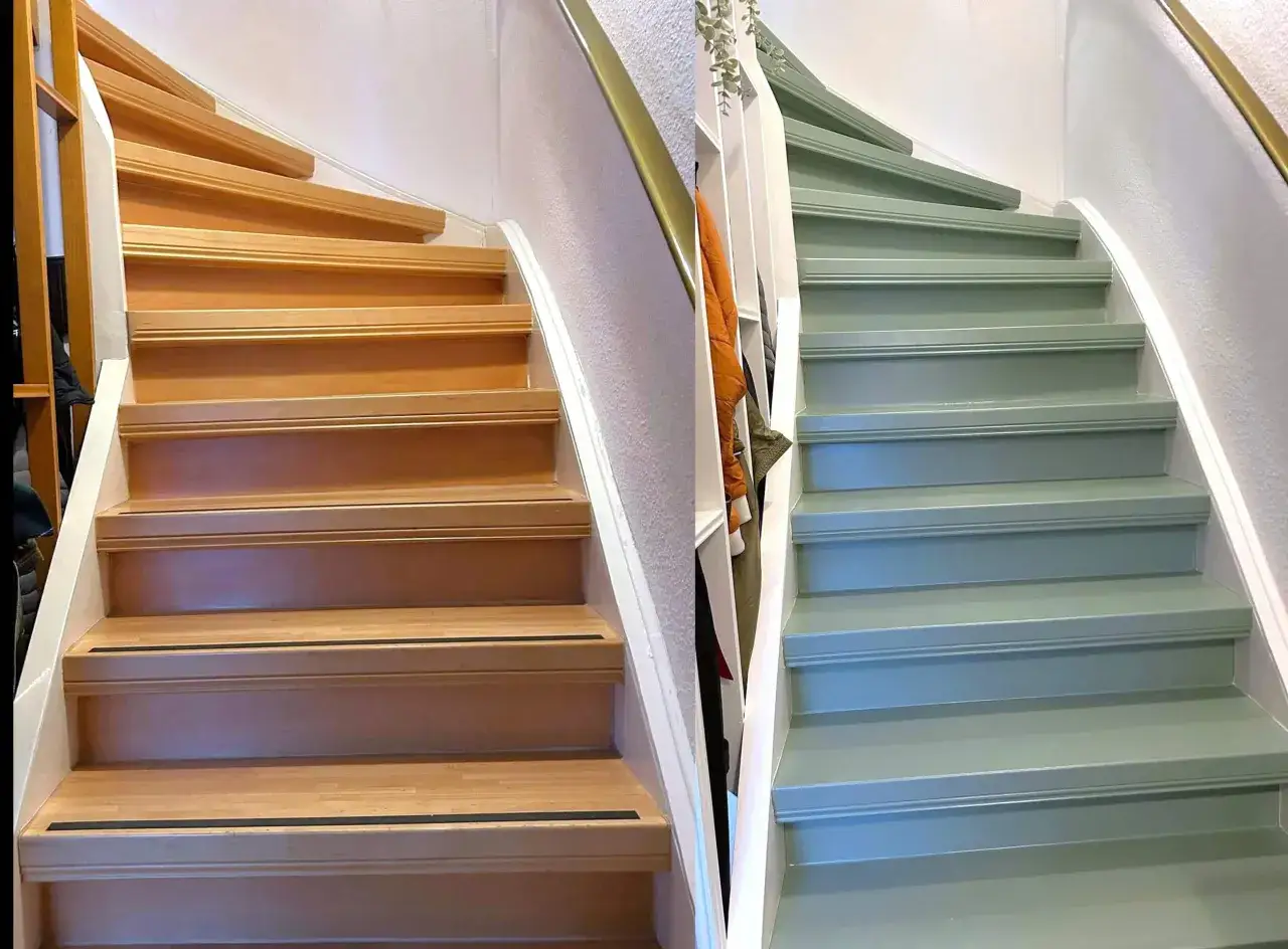 Vorher-Nachher-Vergleich: Holztreppe wird frisch gr&uuml;n lackiert. Die Stufen sind nun einheitlich und modern.