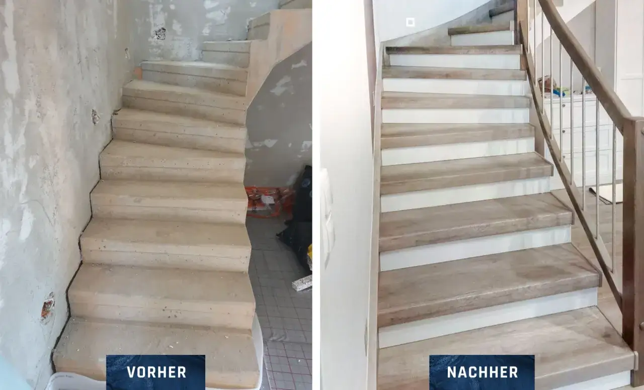Vorher-Nachher-Vergleich: Eine rohe Steintreppe wird renoviert und erhält ein modernes Holz-Weiß-Design mit neuem Geländer.
