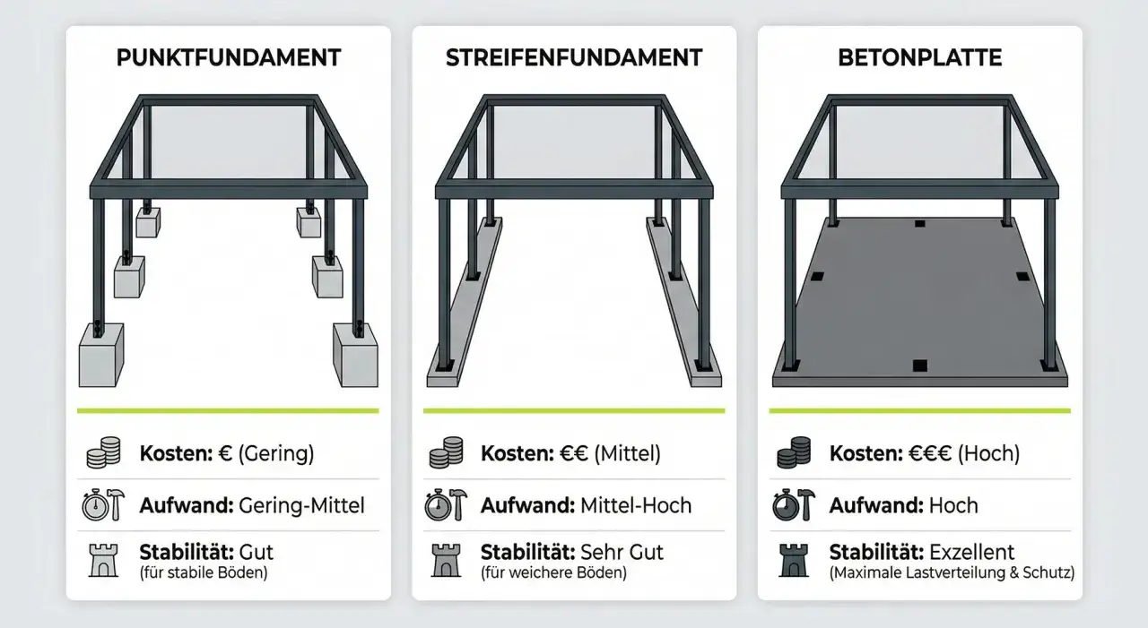 Vergleich von Fundamenten für die carport konstruktion: Punkt-, Streifenfundament und Betonplatte.