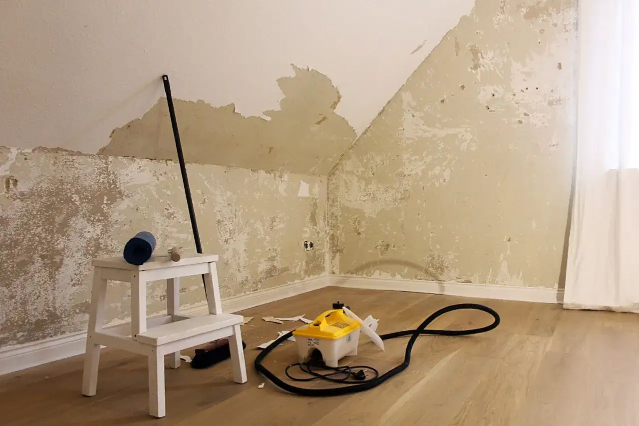 Tapete entfernen: Ein Dampfreiniger und eine Trittleiter stehen bereit, um die alte Tapete von der Wand zu lösen.
